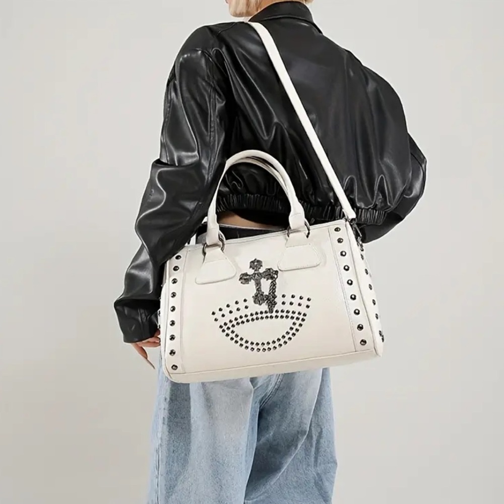 White Studded Handbag, White Studded Cross Purse, White Stud and Chain Bag